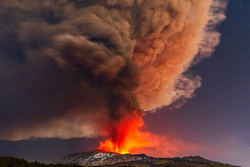 Volcanic Lightning Streaks Sky over Fiery Mount Etna