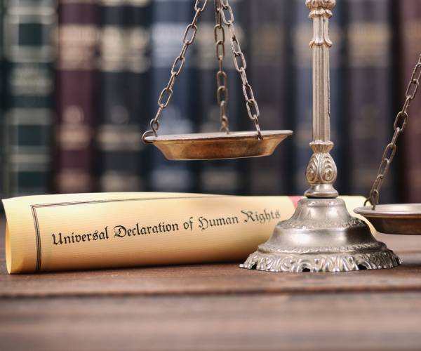 scroll reading universal declaration of human rights beside scales of justice