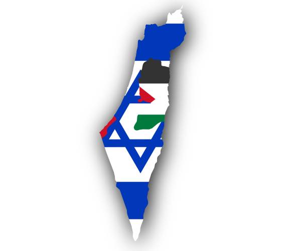 map of isreal with israeli flag over israeli controlled areas and palestinian flag over west bank and gaza