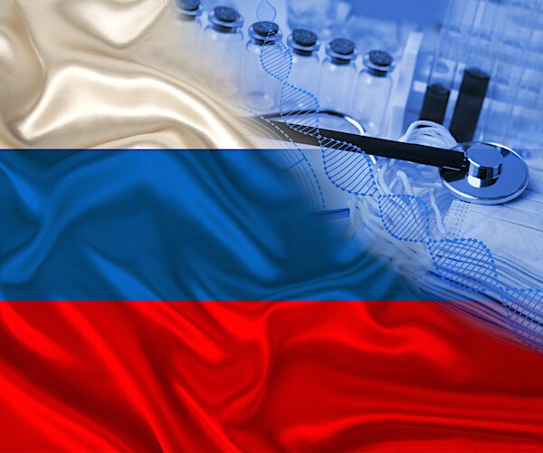 a russian flag is showing with medical equipment in a coronavirus graphic