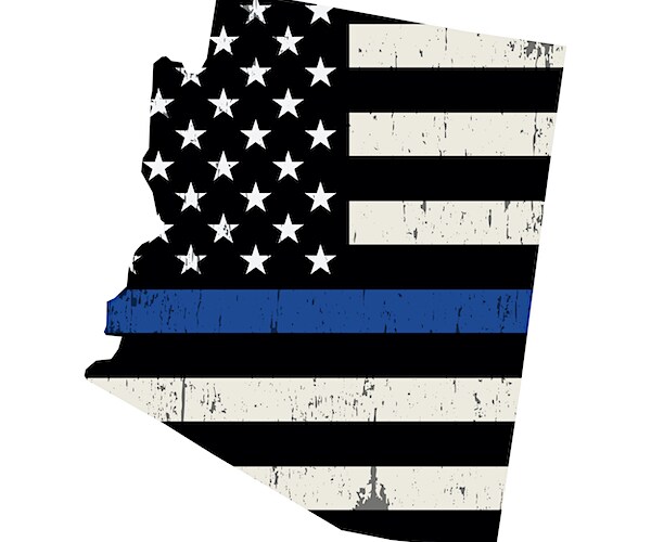 the map of arizona with an american flag and the thin blue line supporting police