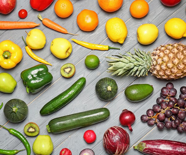a spread of colorful fruits and vegetables