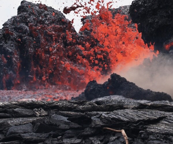 Lava erupts from a volcano