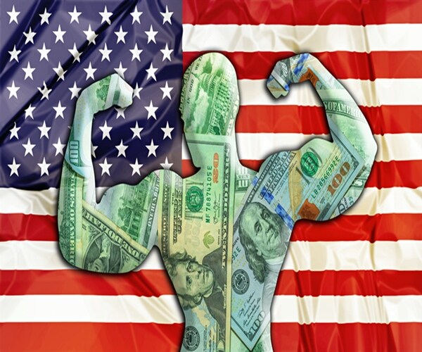 powerful united states american dollar. united states flag and bodybuilder shaped usd currency

