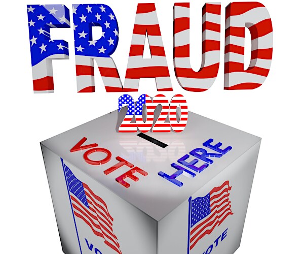 a graphic illustration showing a ballot box with the word fraud above it