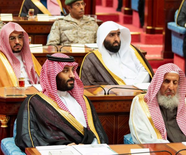 crown prince mohammed bin salman, front row on left, seated next to the country’s most senior cleric.