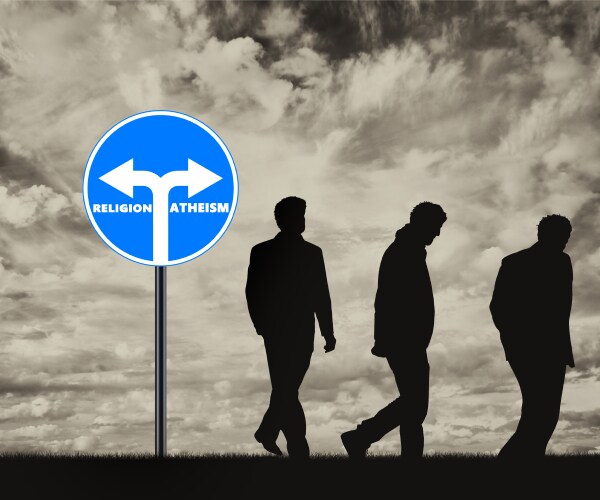 a sign reading religion and atheism with three men taking the path to atheism