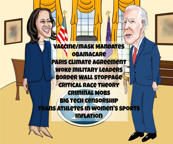 cartoon of kamala harris and joe biden in the oval office with list of issues mentioned in the column