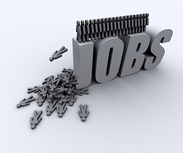 stick figures are jumping off the three dee word jobs in a graphic to display the unemployed