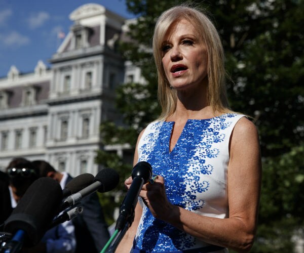 kellyanne conway talks to reporters outside the white house wearing a blue and white dress.