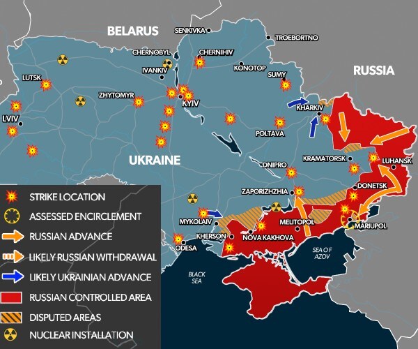 a map of ukraine showing territories held by russia and where it has struck with missiles