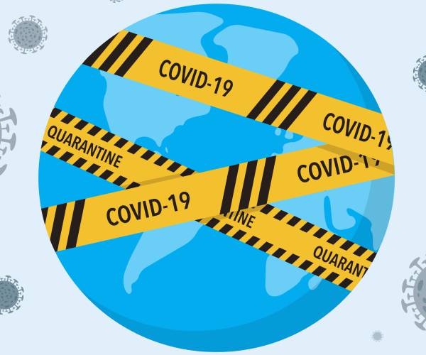the globe covered with crime scene tape reading quarantine and covid nineteen