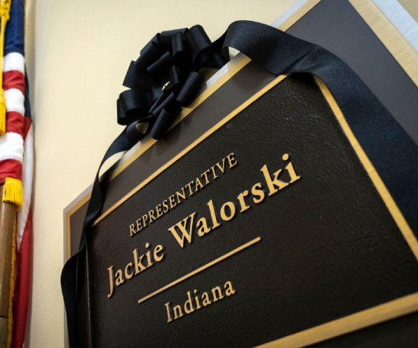 a black ribbon adorns the office nameplate of the late rep. jackie walorski