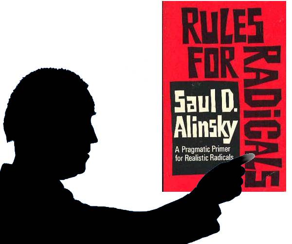 silhouette of joe biden pointing to saul alinsky rules for radicalsbook