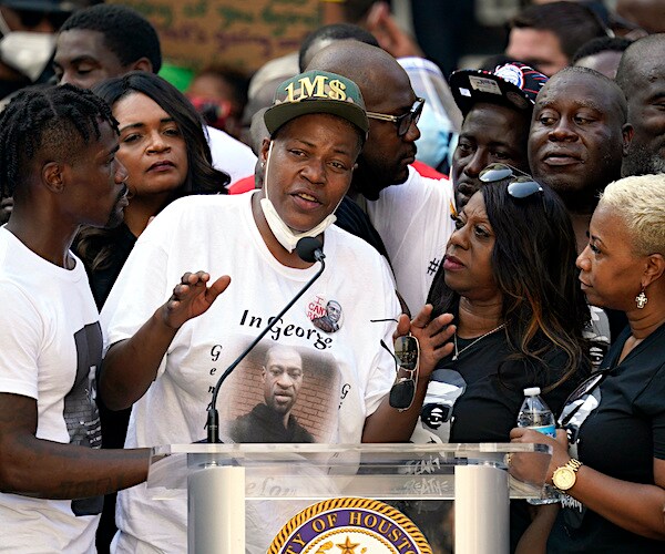 LaTonya Floyd speaks during a Houston rally Tuesday to protest the death of her brother, George Floyd
