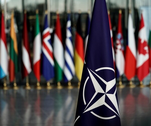 nato flag with flags of member states in the background