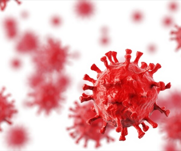 covid-19 virus rendering with red particles