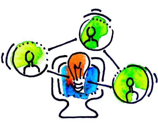 illustration of computer with an idea lightbulb reaching out to other people