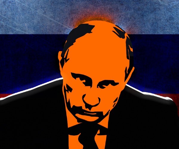 a mean looking putin in front of a russian flag