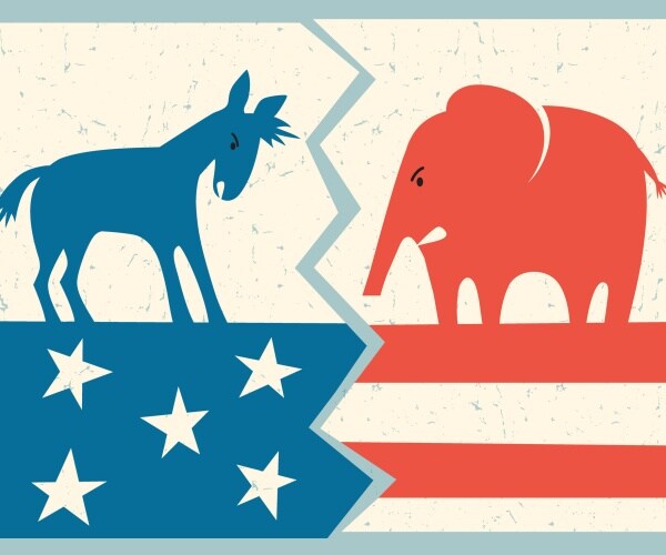 democrat donkey versus republican elephant political illustration