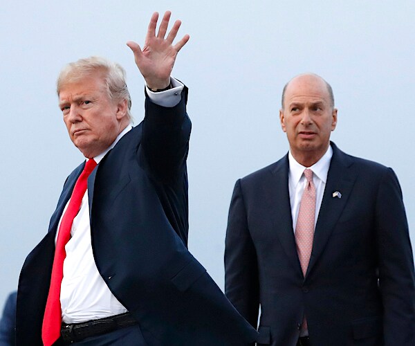 president donald trump waves as gordon sondland looks on from the background