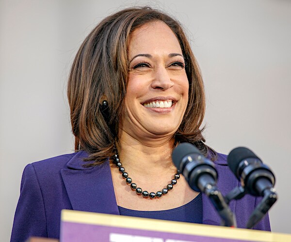 kamala harris smiles wide during a campaign speech