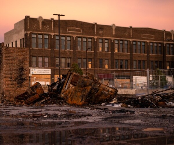 destroyed restaurant building is shown 
