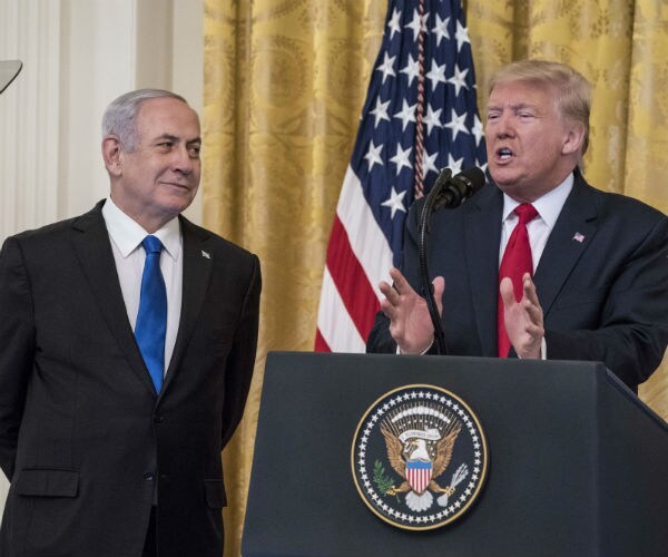 donald trump, right,  is shown with israeli prime minister benjamin netanyahu