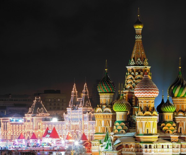 night of the kremlin in moscow and cathedral of saint basil
