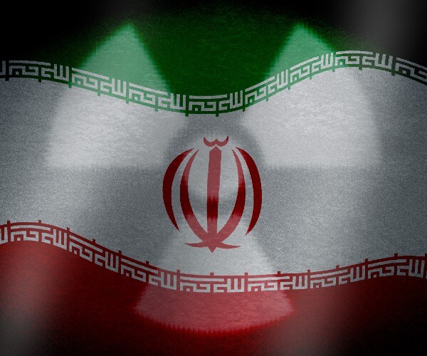 the flag of iran with a nuclear symbol over it