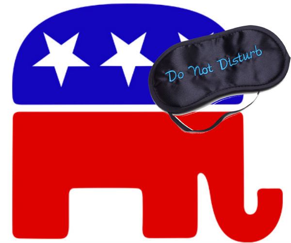 the republican party logo with a sleep mask over the elephants face