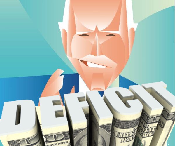 cartoon illustration of joe biden over the word deficit written on a one hundred dollar bill
