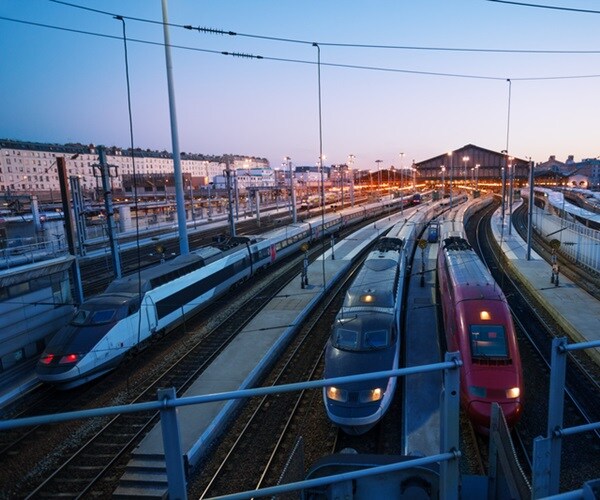 high-speed trains at the platforms of gare du nord station view from boulevard de la chapelle, paris, france 

