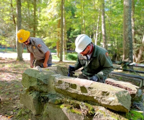 Crews work to restore historic masonry grills at Grandview New River Gorge National Park and Preserve