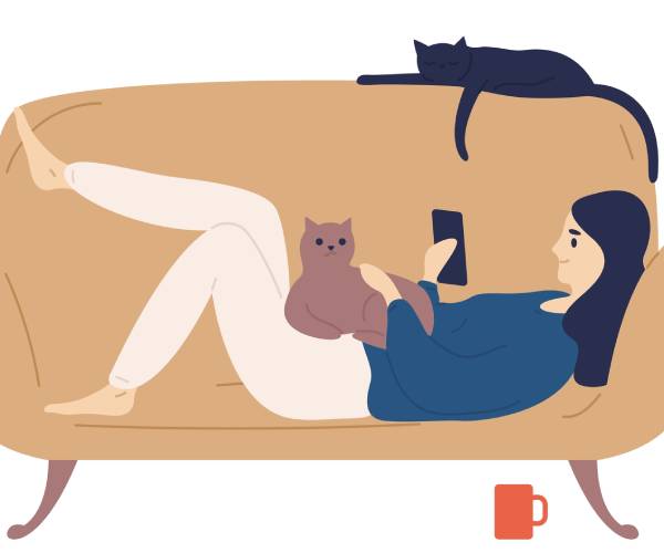 illustration of a woman on a couch using a smartphone with cats lying nearby