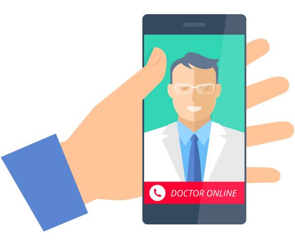 a hand holding a cellphone with a doctor seen on the line