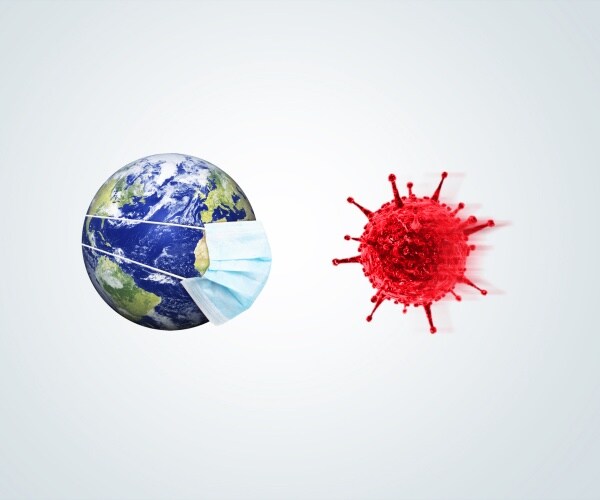 globe with a mask and a red coronavirus particle