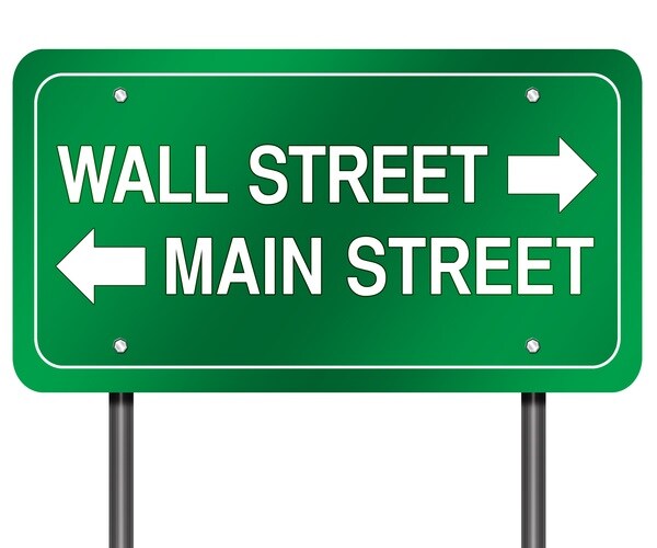 Illustration of directional sign with opposing arrows pointing to Wall and Main street, isolated on white background.