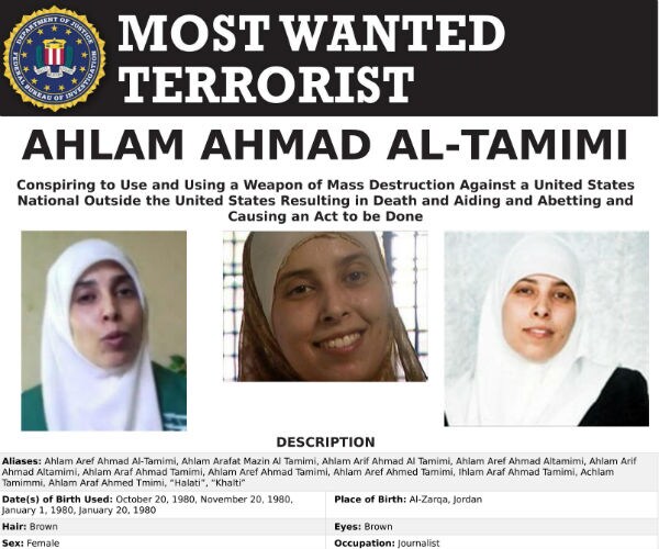 an fbi most wanted terrorist poster is shown of Ahlam Aref Ahmad Al-Tamimi