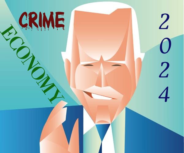 cartoon joe biden with the words crime economy and twenty twenty four surrounding him