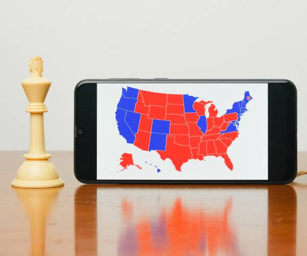 a chess king next to a map of red and blue states