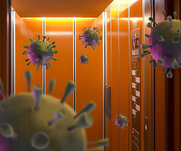 Covid-19 or coronavirus in the elevator, social distancing concept to avoid coronavirus infection in public places