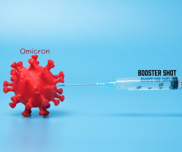 A syringe labeled "booster shot" pointed at a virus labeled omicron