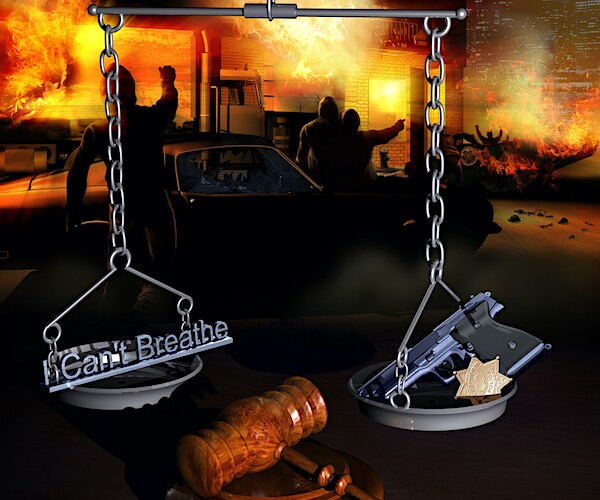 scales of justice weigh the words I can't breathe against a police badge and a gun with a riot raging inferno behind it
