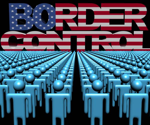 the words border control with an american flag background in front of computer generated people