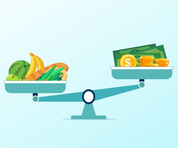 scale balancing groceries and cash