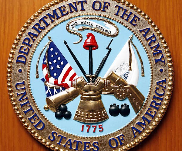 the emblem of the united states army against a wood-like background