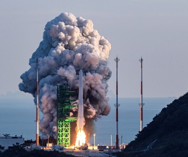 The Nuri rocket lifts off from a launch pad