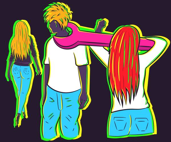 illustration of a man turning his head to look at another woman while his girlfriend puts a giant wrench on his neck