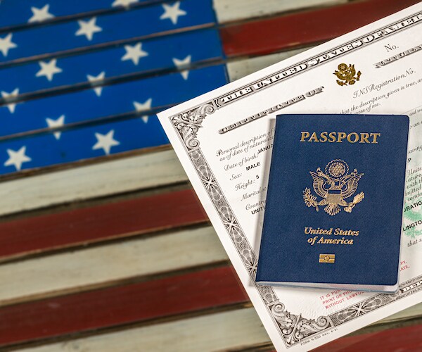 a united states passport lays on a citizenship document and an american flag
